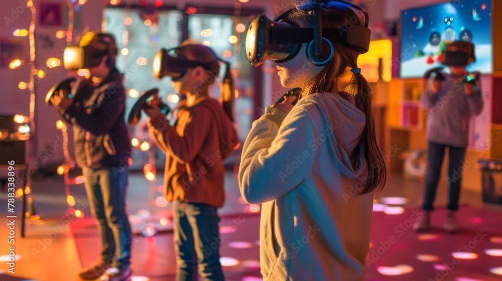 Children Enjoying Virtual Reality Games at Indoor Arcade