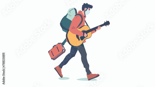 Young man going carrying guitar case wearing medical