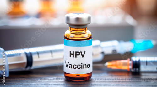 Vial or ampoule with HPV Vaccine, and a blurred injection needle in the background.