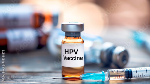 Vial or ampoule with HPV Vaccine, and a blurred injection needle in the background. photo