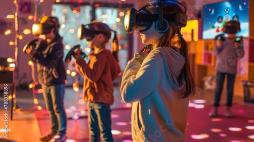 Children Enjoying Virtual Reality Games at Indoor Arcade