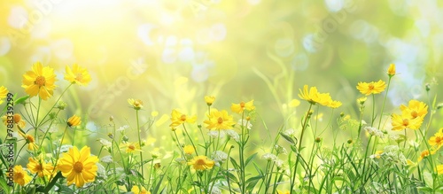 Background of summer with flowers. Background of spring with nature and yellow flowers.