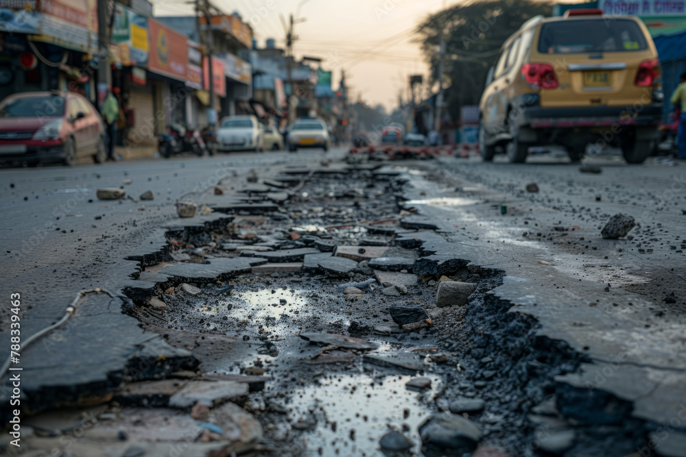 A deteriorated urban road with visible potholes, highlighting infrastructure neglect and the challenges of city maintenance
