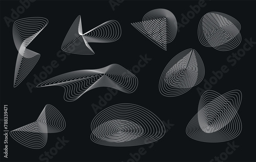 Set of oval perspective grids. White lattice shapes with distortion and digital ornament for design and web vector presentation