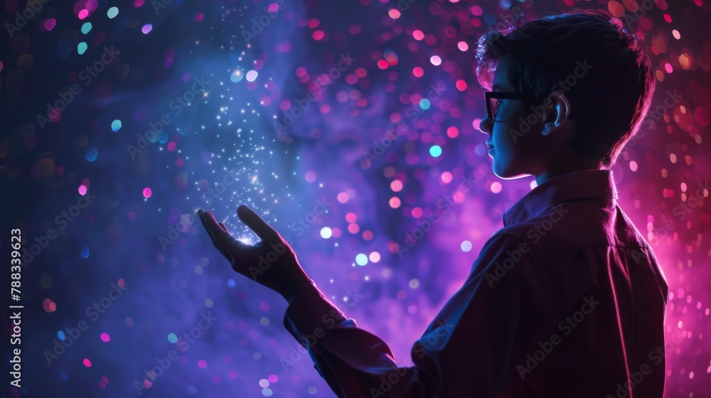 Young Man With Glowing Particles in Neon Lights Young Man With Glowing Particles in Neon Lights
