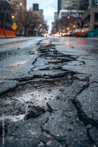 A deteriorated urban road with visible potholes, highlighting infrastructure neglect and the challenges of city maintenance
