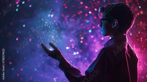 Young Man With Glowing Particles in Neon Lights