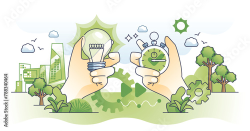 Productivity hacks as fast and effective work management outline concept. Work smarter with productivity tips and tricks vector illustration. Efficiency boost with time and performance optimization.