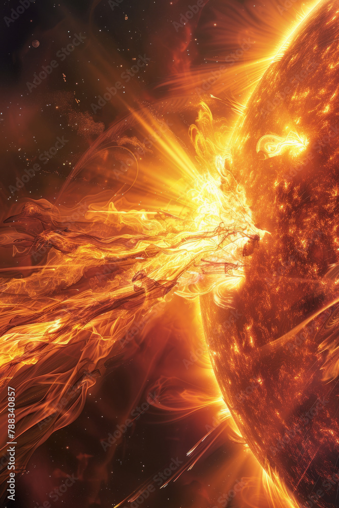 A vivid illustration of a solar flare and coronal mass ejections from the sun, capturing the dynamic and powerful nature of our star A vivid illustration of a solar flare and coronal mass ejections from the sun, capturing the dynamic and powerful nature of our star