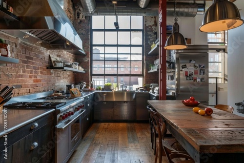 Cozy industrial-style kitchen in a small apartment, blending warmth of wood with industrial design.