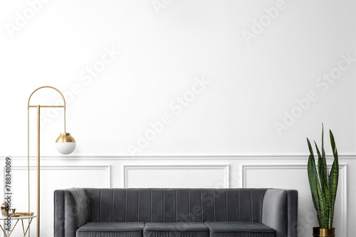 Transparent png wall mockup of chic mid-century modern luxury aesthetics living room