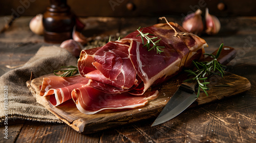 Decadent Delicacy of Iberian Ham Ready for Carving in Authentic Rustic Setting