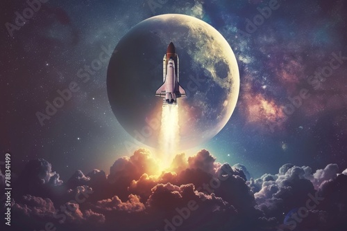 Spaceship takes off into universe with full moon background