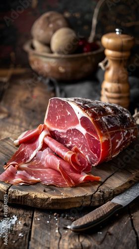 Decadent Delicacy of Iberian Ham Ready for Carving in Authentic Rustic Setting