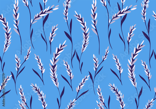 Creative spica branches seamless pattern on a blue background. Vector hand drawn sketch. Abstract artistic simple shapes tiny floral stems printing. Template for designs, fabric, textiles photo
