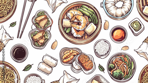Asian food. Hand drawn graphic vector seamless patter