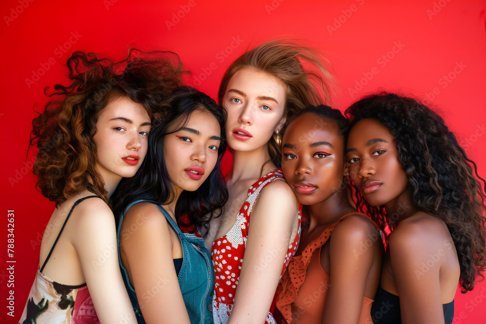 A group of beautiful young women of different nationalities in the studio looking at the camera