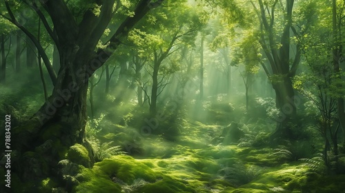 An ethereal forest scene  with sunlight filtering through a canopy of lush green leaves  casting dappled shadows on the moss-covered forest floor below.