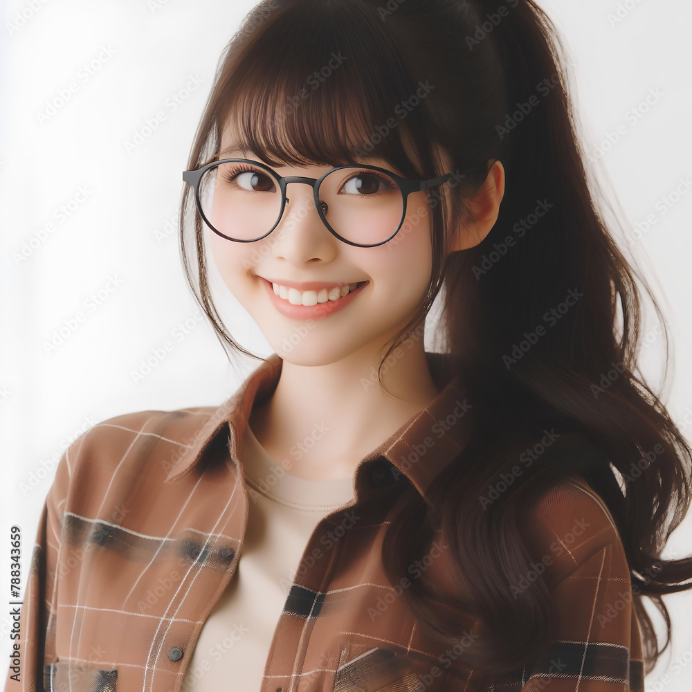 The woman wearing a brown checkered blazer, with her hair in a ponytail and round glasses, smiling brightly, instantly lifts the mood. The woman wearing a brown checkered blazer, with her hair in a ponytail and round glasses, smiling brightly, instantly lifts the mood.