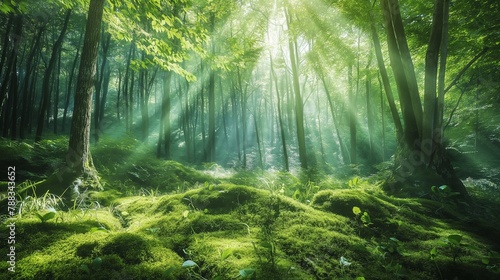 An ethereal forest scene, with sunlight filtering through a canopy of lush green leaves, casting dappled shadows on the moss-covered forest floor below.