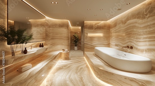 Minimalist glossy oak powder room design in penthouse in New York, hyper realistic photo photo