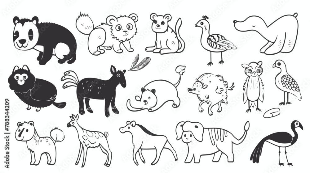 Black outline various adorable cartoon animals mammal