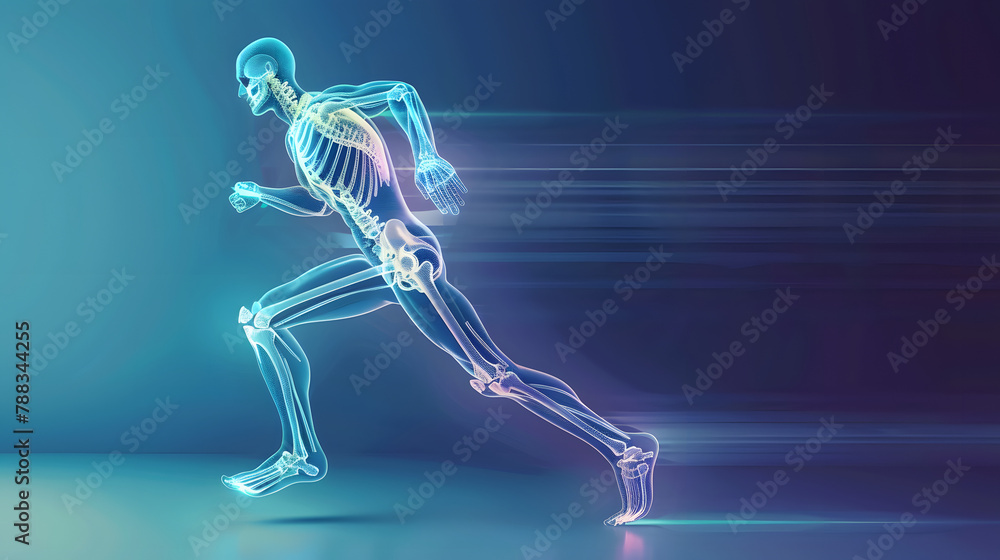 Orthopedic technology concept, x-ray interface, graphic of running man with bones and joints