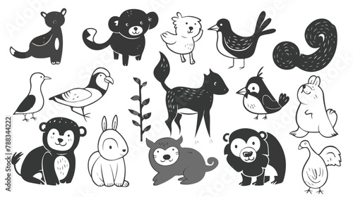 Fototapeta Naklejka Na Ścianę i Meble -  Black outline various adorable cartoon animals mammal