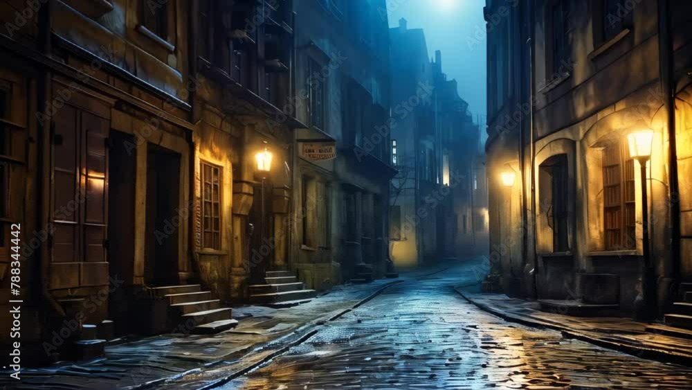 A wet street in an old romantic city at night A wet street in an old romantic city at night