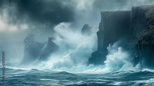 A dramatic seascape captured during a storm, with towering waves crashing against rugged cliffs, sending plumes of foam into the turbulent sky. photo