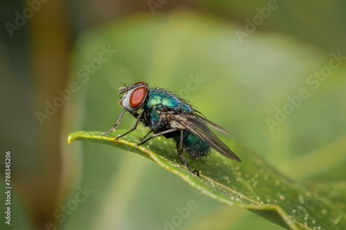 colorful housefly on a leaf in detail
