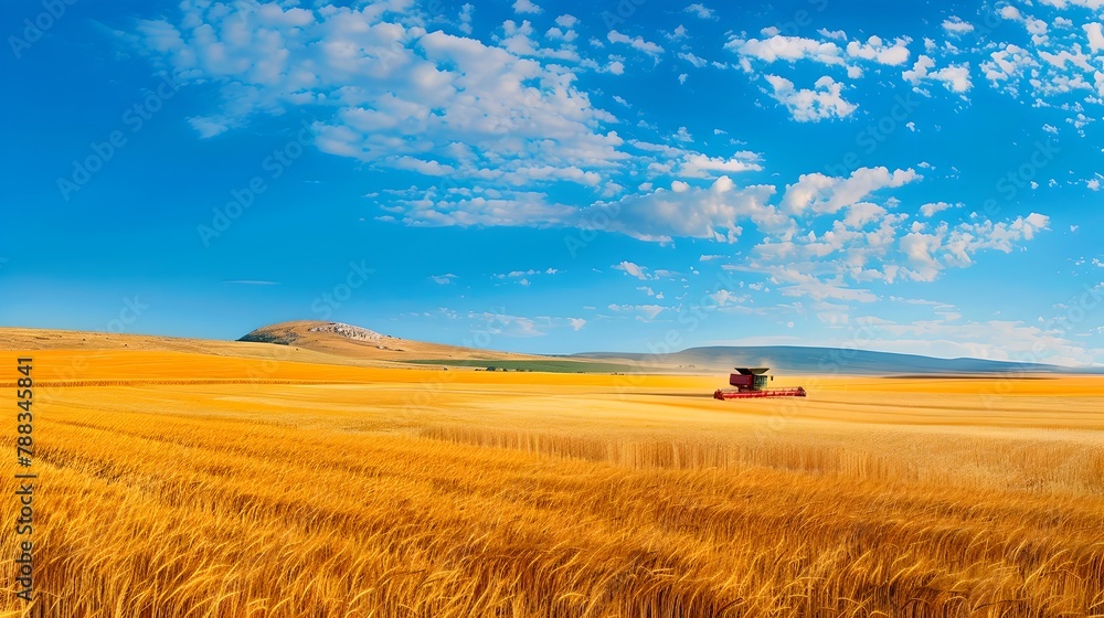 Golden Wheat Field under a Clear Blue Sky. Rural Farming Scene with Harvester at Work. Agricultural Landscape and Machinery. Serene Nature, Farm Life. AI