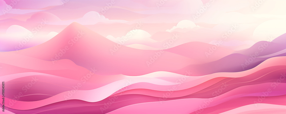 Abstract pink landscape with mountains and hills, panoramic view, generated ai