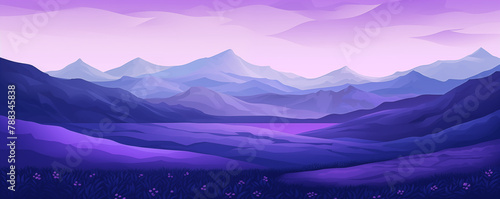Abstract purple landscape with mountains and hills, panoramic view, generated ai