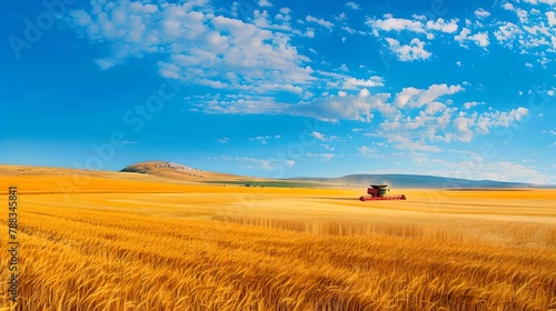 Golden Wheat Field under a Clear Blue Sky. Rural Farming Scene with Harvester at Work. Agricultural Landscape and Machinery. Serene Nature  Farm Life. AI