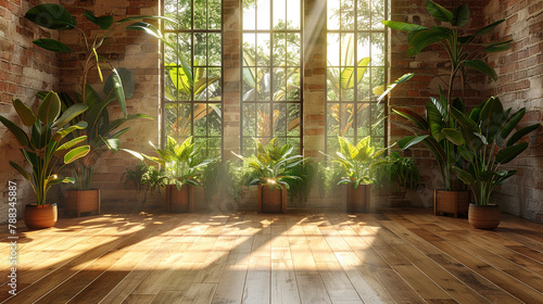 Empty room of modern contemporary loft with plants on wooden floor.