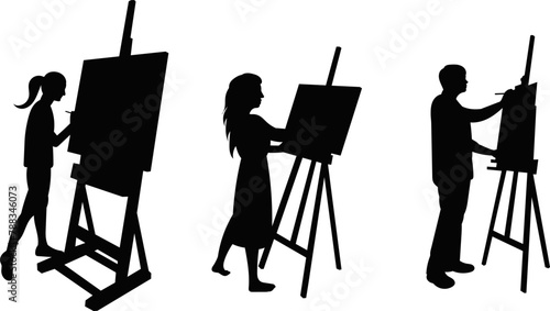 people painting on an easel silhouette on a white background vector