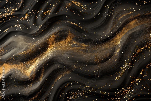 Abstract Black and gold glitter wave horizontal background, Gold and black abstract background. 3d rendering, black background with waves and gold spots