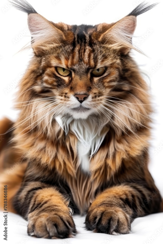 Obraz premium Majestic Maine Coon Cat Lying Down with Intense Gaze on White Background