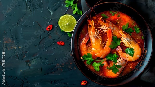 Delicious shrimp soup in a dark bowl on a slate background. Exquisite seafood dish elegance. Tasty cuisine with fresh ingredients. Culinary delight image for menus. AI