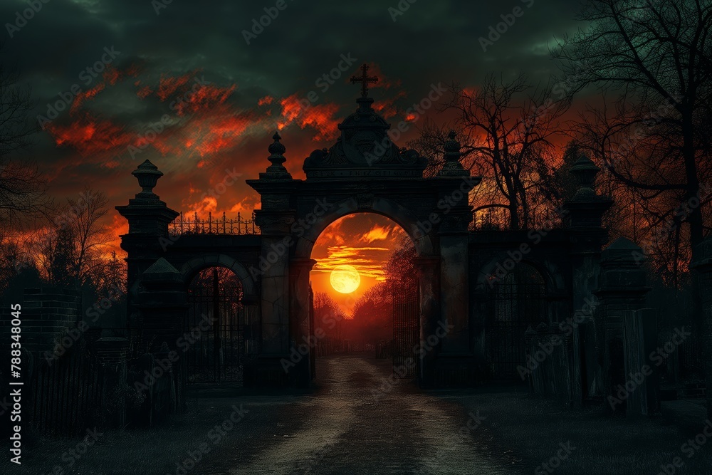 A creepy cemetery at night with a nebula and a Gothic-style cemetery gate with a mysterious moonlight