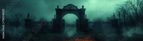A creepy cemetery at night with a nebula and a Gothic-style cemetery gate with a mysterious moonlight photo