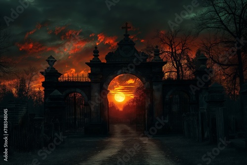 A creepy cemetery at night with a nebula and a Gothic-style cemetery gate with a mysterious moonlight