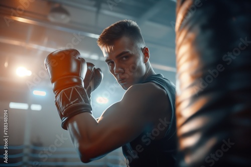 A boxer in the gym trains punches on a punching bag © Vadim