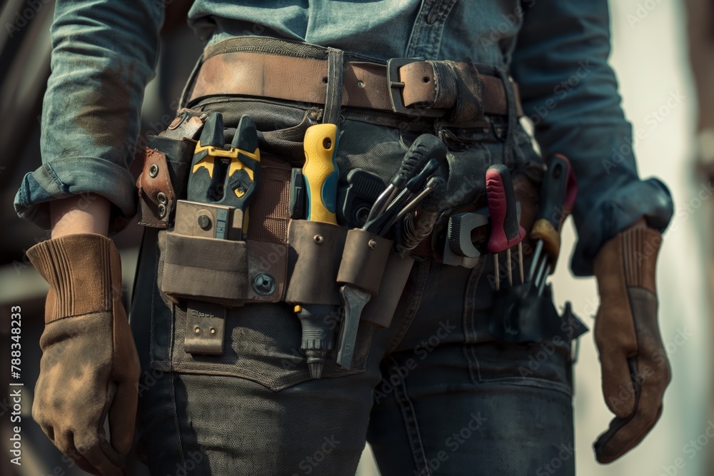 Fototapeta premium Belt with construction tools, close-up, female construction worker