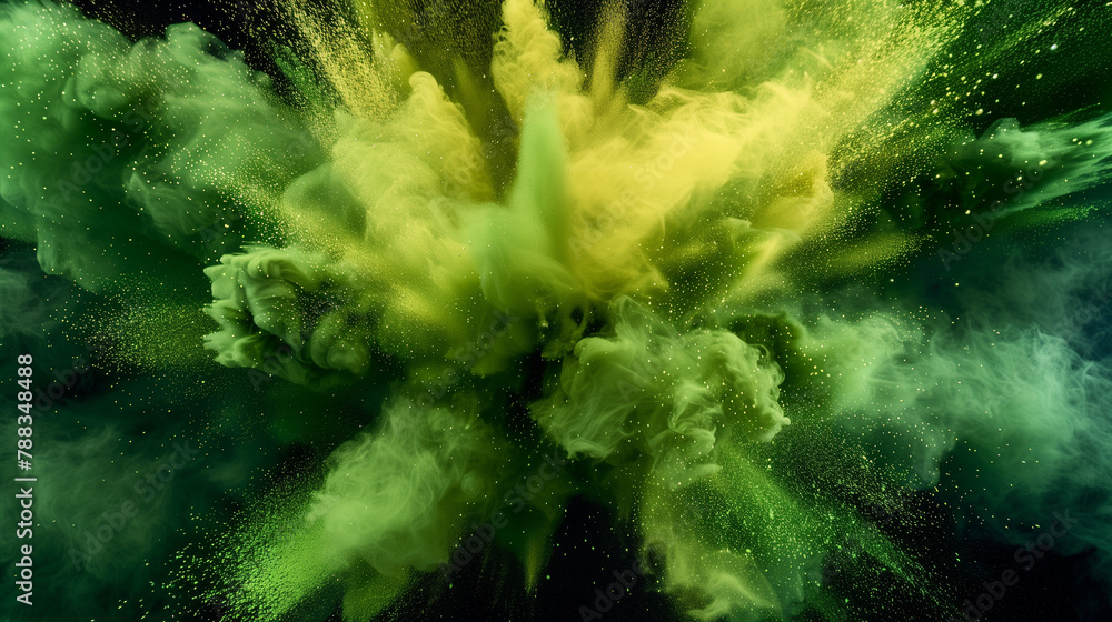 Neon grün gelbe Farbexplosion vor dunklem Hintergrund Neon grün gelbe Farbexplosion vor dunklem Hintergrund