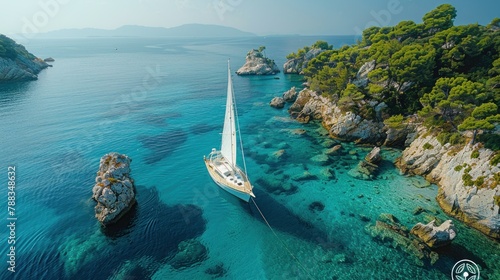 Fototapeta Naklejka Na Ścianę i Meble -  White Sailboat Sailing in Open Waters