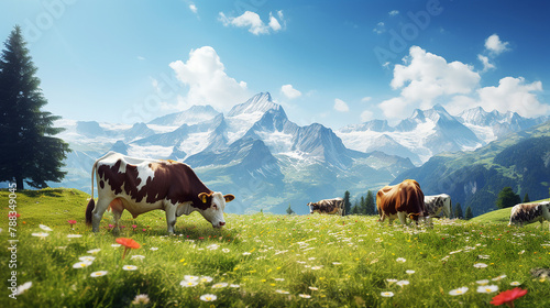 swiss cows are grazing in a flowery meadow, and pine trees at the swiss alps landscape photo