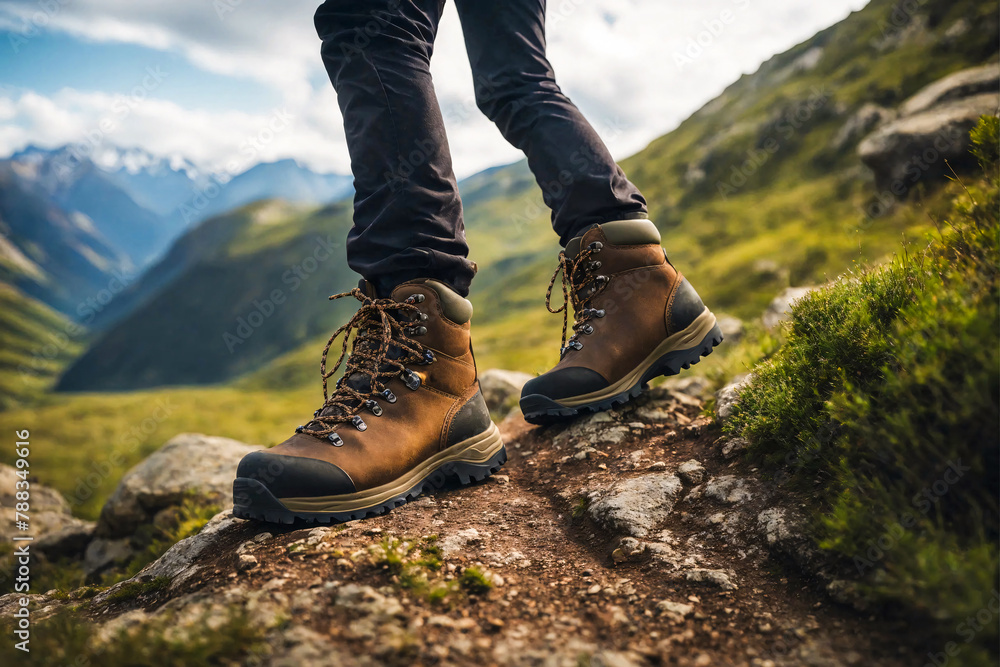 The legs of a man traveler going in hiking shoe for cross-country travel. Green highland on background. Generative AI. The legs of a man traveler going in hiking shoe for cross-country travel. Green highland on background. Generative AI.