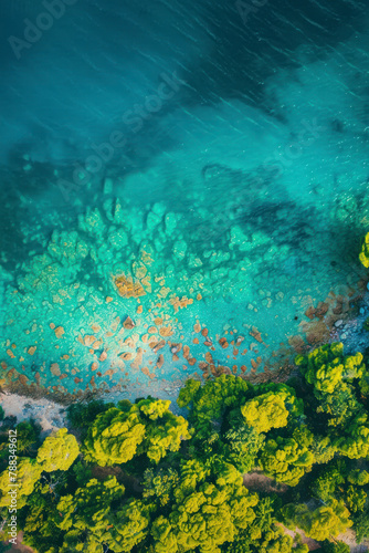 Vertical Top view aerial photo from flying drone of an amazingly beautiful sea landscape with turquoise water.